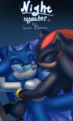 Size: 1229x2048 | Tagged: safe, artist:studiononsense, shadow the hedgehog, sonic the hedgehog, comic:night together, 2023, comic, comic cover, duo, english text, gay, gradient background, lidded eyes, looking at each other, shadow x sonic, shipping, signature, smile