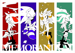 Size: 602x430 | Tagged: safe, artist:34_6, mephiles the dark, shadow the hedgehog, silver the hedgehog, sonic the hedgehog, arm up, english text, flower, group, holding something, lidded eyes, monochrome, sitting