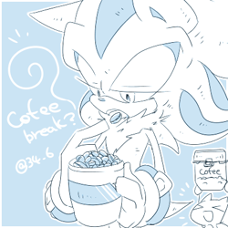 Size: 400x400 | Tagged: safe, artist:34_6, shadow the hedgehog, sonic the hedgehog, blue background, coffee, coffee beans, duo, eating, english text, food, lidded eyes, monochrome, simple background