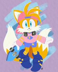 Size: 1440x1800 | Tagged: safe, artist:mintokitsune_, miles "tails" prower, 2021, 80s outfit, abstract background, backwards cap, looking at viewer, retro outfit, skateboard, smile, solo, standing