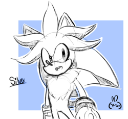 Size: 632x589 | Tagged: safe, artist:pyonsukis, silver the hedgehog, abstract background, looking offscreen, mouth open, signature, sketch, smile, solo, standing