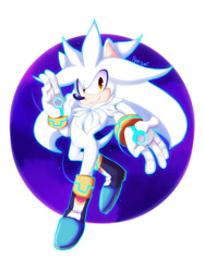 Size: 700x937 | Tagged: safe, artist:pyonsukis, silver the hedgehog, abstract background, looking at viewer, signature, smile, solo