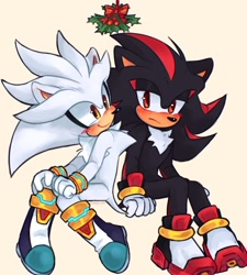 Size: 1240x1378 | Tagged: safe, artist:clouud_cat, shadow the hedgehog, silver the hedgehog, 2024, blushing, christmas, cream background, cute, duo, frown, gay, looking at each other, mistletoe, shadow x silver, shipping, silvabetes, simple background, sitting, smile