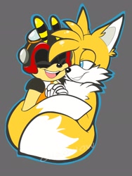 Size: 1536x2048 | Tagged: safe, artist:cha0w0w, charmy bee, miles "tails" prower, 2020, chaails, duo, ear fluff, eyes closed, gay, grey background, holding hands, lidded eyes, looking at them, one eye closed, outline, shipping, simple background, smile, wrapped in tails