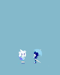 Size: 400x500 | Tagged: safe, artist:34_6, shadow the hedgehog, silver the hedgehog, 2008, blue background, duo, holding something, limited palette, looking at each other, simple background, standing, umbrella, watering can