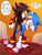 Size: 1536x2048 | Tagged: safe, artist:azulytoons, shadow the hedgehog, sonic the hedgehog, 2020, abstract background, dialogue, duo, english text, frown, gay, holding them, jacket, looking at each other, mouth open, shadow x sonic, shipping, signature, smile, sonic boom (tv), speech bubble, standing