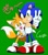 Size: 783x900 | Tagged: safe, artist:shoppaaaa, miles "tails" prower, sonic the hedgehog, 2024, duo, gay, green background, holding each other, japanese text, looking at viewer, shipping, signature, simple background, smile, sonic x tails, standing, v sign