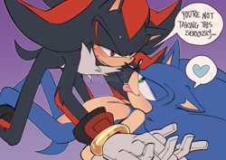 Size: 2048x1448 | Tagged: safe, artist:sweatyturnip, shadow the hedgehog, sonic the hedgehog, 2024, all fours, blushing, clenched teeth, dialogue, duo, english text, flirting, frown, gay, gradient background, heart, lidded eyes, looking at each other, lying down, outline, pinning them, shadow x sonic, shipping, signature, smile, speech bubble, sweatdrop, tongue out