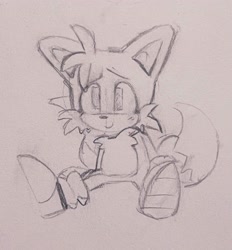 Size: 1904x2048 | Tagged: safe, artist:dizzyemo, miles "tails" prower, blushing, cute, line art, looking offscreen, pencilwork, sitting, smile, solo, tailabetes, traditional media