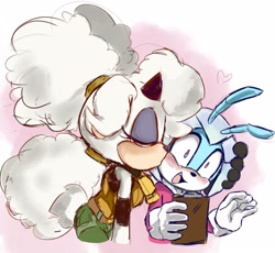 Size: 2048x1886 | Tagged: safe, artist:p1ctur33, jewel the beetle, lanolin the sheep, 2024, abstract background, bending over, blushing, cute, duo, eyes closed, hand on another's head, heart, holding something, jewel x lanolin, kiss on cheek, lesbian, mouth open, shipping, shrunken pupils, standing, surprise kiss, surprised