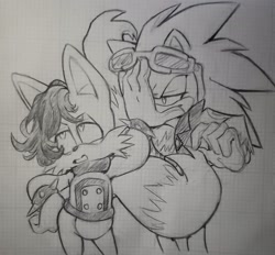 Size: 2048x1901 | Tagged: safe, artist:funkiepoop, miles (anti-mobius), scourge the hedgehog, 2023, duo, gay, hand on another's face, hand on hip, lidded eyes, line art, looking at them, looking away, looking offscreen, monochrome, pencilwork, pushing, rolling eyes, scouriles, shipping, standing, traditional media