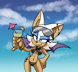 Size: 2048x1889 | Tagged: safe, artist:tanzillaaaa, rouge the bat, bird, 2022, abstract background, belly piercing, bikini, clouds, daytime, drink, ear piercing, earring, hand on hip, heart, holding something, literal animal, looking offscreen, outdoors, signature, smile, solo, standing, tattoo