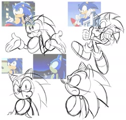 Size: 2048x1946 | Tagged: safe, artist:art_andstuff, sonic the hedgehog, 2024, :o, frown, line art, looking at viewer, looking offscreen, mouth open, redraw, reference inset, shrugging, simple background, sitting, sketch, smile, solo, standing, thumbs up, white background