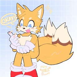 Size: 1473x1487 | Tagged: safe, artist:daisiesarecool, miles "tails" prower, abstract background, blushing, cute, dialogue, english text, eyes closed, mouth open, one fang, sitting, smile, solo, tailabetes, thumbs up