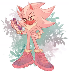 Size: 1917x1993 | Tagged: safe, artist:halpdevon, knuckles the echidna, shadow the hedgehog, sonic the hedgehog, oc, oc:sakura shadow, 2020, alternate shoes, color swap, flip phone, full body, holding something, phone, solo, standing