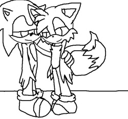 Size: 639x594 | Tagged: safe, artist:sontailss, miles "tails" prower, sonic the hedgehog, 2012, base used, black and white, duo, gay, hand on another's arm, lidded eyes, line art, looking at each other, ms paint, shipping, smile, sonic x tails, standing