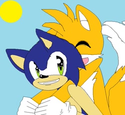 Size: 605x558 | Tagged: safe, artist:sontailss, miles "tails" prower, sonic the hedgehog, 2011, base used, blue background, duo, eyes closed, flat colors, floppy ear, gay, mouth open, ms paint, riding on back, shipping, simple background, smile, sonic x tails, sun