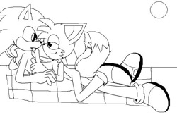 Size: 600x438 | Tagged: safe, artist:sontailss, miles "tails" prower, sonic the hedgehog, arm around shoulders, base used, blanket, duo, gay, lidded eyes, line art, looking at each other, lying on front, ms paint, outdoors, shipping, shooshing, simple background, smile, sonic x tails, sun, white background