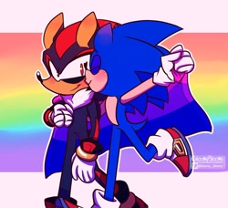 Size: 1000x910 | Tagged: safe, artist:gloomy bloomy, shadow the hedgehog, sonic the hedgehog, 2020, abstract background, arm around shoulders, bisexual, bisexual pride, blushing, blushing ears, cute, duo, eyes closed, flag, gay, holding hands, holding something, kiss on cheek, leg up, looking at them, outline, pride, pride flag, pride flag background, shadow x sonic, shipping, signature, smile, walking