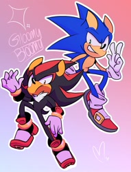 Size: 784x1024 | Tagged: safe, artist:gloomy bloomy, shadow the hedgehog, sonic the hedgehog, 2020, duo, frown, gradient background, heart, looking at viewer, mid-air, outline, signature, smile, star (symbol), v sign