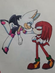 Size: 768x1024 | Tagged: safe, artist:gloomy bloomy, knuckles the echidna, rouge the bat, 2020, annoyed, arms folded, duo, flying, hand on another's face, looking at each other, pout, smile, traditional media