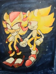 Size: 768x1024 | Tagged: safe, artist:gloomy bloomy, shadow the hedgehog, sonic the hedgehog, super shadow, super sonic, sonic adventure 2, 2020, abstract background, duo, frown, holding hands, looking at each other, signature, smile, space, star (sky), super form, traditional media