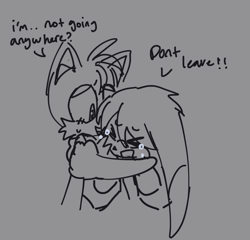 Size: 1365x1309 | Tagged: safe, artist:angel1tez, kit the fennec, miles "tails" prower, 2024, blushing, crying, cute, dialogue, duo, english text, eye clipping through hair, eyebrow clipping through hair, eyes closed, gay, grey background, hugging, kitabetes, kitails, line art, looking at them, monochrome, sad, shipping, simple background, standing, sweatdrop, tailabetes, tears, tears of sadness