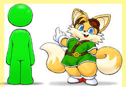 Size: 1047x724 | Tagged: safe, artist:afrothicc720, miles "tails" prower, 2020, border, clothes, cute, hands behind back, looking at viewer, one fang, overalls, pointing, redraw, shadow (lighting), simple background, smile, solo, sonic boom (tv), standing, tailabetes, white background