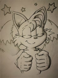 Size: 653x871 | Tagged: safe, artist:xy-merfox, miles "tails" prower, 2020, clenched fists, eyes closed, line art, monochrome, smile, solo, star (symbol), traditional media