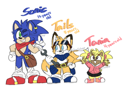 Size: 812x600 | Tagged: safe, artist:galaxysodapop, miles "tails" prower, sonic the hedgehog, tania the hedgehog, 2023, alternate universe, bag, bandana, belt, blue shoes, character name, cute, ear fluff, ear piercing, earring, goggles, holding something, mouth open, one fang, pawpads, paws, pointing, simple background, smile, sonabetes, tailabetes, taniabetes, trio, white background, wrench