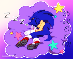 Size: 949x768 | Tagged: safe, artist:animesonic2, sonic the hedgehog, 2020, cloud, eyes closed, gradient background, lying on side, outline, signature, sleeping, solo, star (symbol), zzz