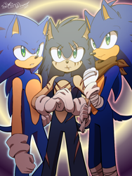 Size: 768x1024 | Tagged: safe, artist:animesonic2, sonic the hedgehog, 2022, abstract background, cracking knuckle, frown, looking offscreen, modern sonic, outline, scar, self paradox, signature, sonic boom (tv), standing, trio