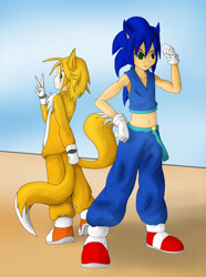 Size: 2912x3912 | Tagged: safe, artist:skye-izumi, miles "tails" prower, sonic the hedgehog, human, 2015, abstract background, duo, humanized, smile, standing