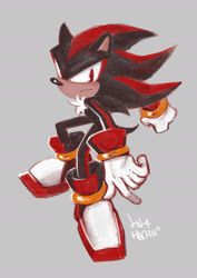 Size: 1287x1821 | Tagged: safe, artist:machu_1118, shadow the hedgehog, 2024, frown, grey background, looking at viewer, signature, simple background, solo