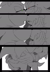 Size: 1434x2048 | Tagged: safe, artist:danimatez, shadow the hedgehog, sonic the hedgehog, 2024, duo, gay, greyscale, holding each other, kiss, lidded eyes, looking at each other, monochrome, mouth open, panels, shadow x sonic, shipping, spot color, standing, sweatdrop, tongue out