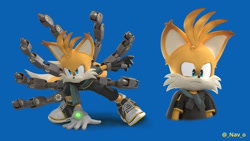 Size: 1920x1080 | Tagged: safe, artist:_nav_o, miles "tails" prower, nine, sonic prime, 2024, 3d, blue background, frown, hand on ground, looking offscreen, signature, simple background, solo