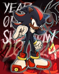 Size: 1350x1687 | Tagged: safe, artist:thescroingle, shadow the hedgehog, 2024, abstract background, english text, frown, looking at viewer, outline, pointing, pointing at viewer, solo, standing, year of shadow