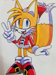 Size: 1520x2048 | Tagged: safe, artist:jaslenebella0, miles "tails" prower, 2024, christmas, christmas hat, christmas outfit, looking at viewer, mouth open, one fang, smile, solo, standing, traditional media, v sign