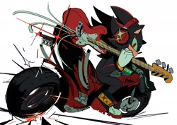 Size: 2048x1448 | Tagged: safe, artist:nineinsweet, shadow the hedgehog, 2024, guitar, headphones, holding something, looking at viewer, motorcycle, shine, simple background, solo, white background