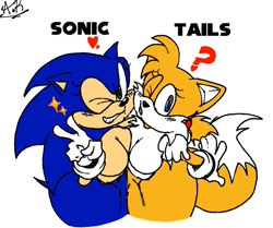 Size: 953x797 | Tagged: suggestive, artist:aylenarts122, miles "tails" prower, sonic the hedgehog, 2024, arm around shoulders, blushing, breasts, breasts are touching, character name, duo, eyelashes, featureless breasts, flat colors, gender swap, heart, looking at viewer, mouth open, ponytail, question mark, signature, simple background, smile, sparkles, thick thighs, v sign, white background, wink