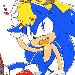 Size: 300x300 | Tagged: safe, artist:34_6, sonic the hedgehog, alternate eye color, crossover, duo, eyes closed, heart, mouth open, on head, pikachu, pokemon, simple background, sitting, smile, white background