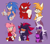 Size: 2048x1792 | Tagged: safe, artist:honestlynotgonnalie, amy rose, knuckles the echidna, miles "tails" prower, rouge the bat, shadow the hedgehog, sonic the hedgehog, 2024, chipped ear, fingerless gloves, frown, group, hand on hip, lidded eyes, looking at viewer, looking offscreen, obtrusive watermark, purple background, redesign, signature, simple background, smile, standing, sweatdrop, thumbs up, watermark