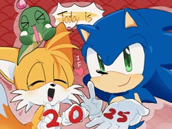 Size: 2048x1536 | Tagged: safe, artist:pupu77859245726, miles "tails" prower, sonic the hedgehog, chao, 2025, abstract background, blushing, cute, english text, eyes closed, gay, heart, japanese text, looking at viewer, mouth open, new years, on head, shipping, smile, sonabetes, sonic x tails, standing, tailabetes, tears, tongue out, trio, v sign