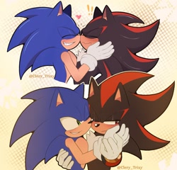 Size: 2048x1963 | Tagged: safe, artist:clery_trixy, shadow the hedgehog, sonic the hedgehog, 2024, abstract background, blushing, cute, duo, exclamation mark, gay, heart, hugging, lidded eyes, nuzzle, one eye closed, shadow x sonic, shadowbetes, shipping, signature, smile, sonabetes, standing