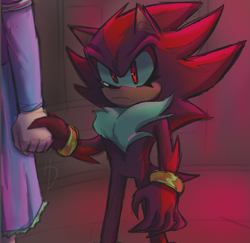 Size: 2035x1982 | Tagged: safe, artist:halpdevon, maria robotnik, shadow the hedgehog, human, 2019, duo, frown, holding hands, looking at viewer, solo focus, standing