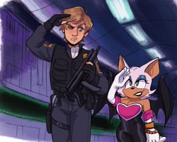 Size: 1771x1424 | Tagged: safe, artist:halpdevon, agent topaz, rouge the bat, human, 2019, duo, gun, looking at them, redraw, salute, sonic x, standing