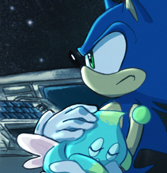 Size: 910x943 | Tagged: safe, artist:halpdevon, sonic the hedgehog, chao, 2019, duo, frown, holding them, neutral chao, redraw, sonic x, space