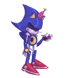 Size: 1358x1472 | Tagged: safe, artist:halpdevon, metal sonic, 2019, full body, party hat, robot, simple background, solo, standing, white background