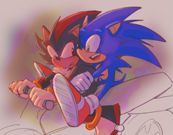 Size: 1453x1131 | Tagged: safe, artist:halpdevon, shadow the hedgehog, sonic the hedgehog, 2019, duo, gay, motorcycle, shadow x sonic, shipping