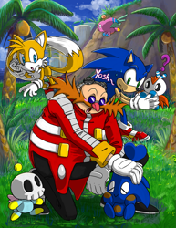 Size: 1275x1650 | Tagged: safe, artist:nenikat, miles "tails" prower, robotnik, sonic the hedgehog, chao, chao garden, sonic chao